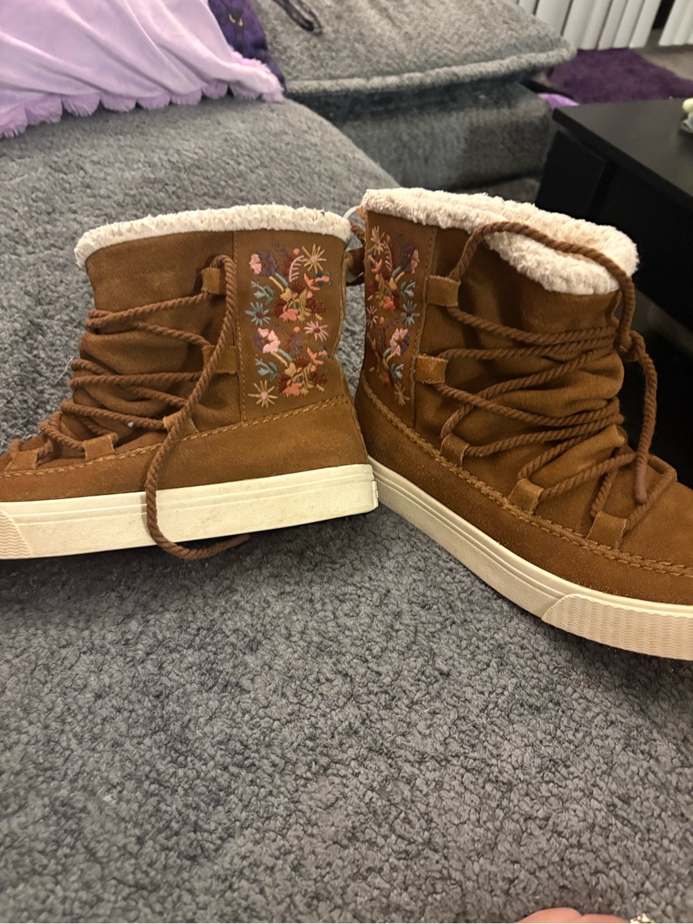 Toms Brown Suede Embroidered Faux-Fur Ankle Booties